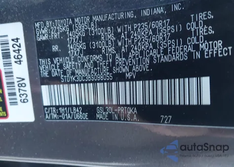 2011 Toyota Sienna Xle V6 из США, поврежденный, VIN 5TDYK3DC3BS098055